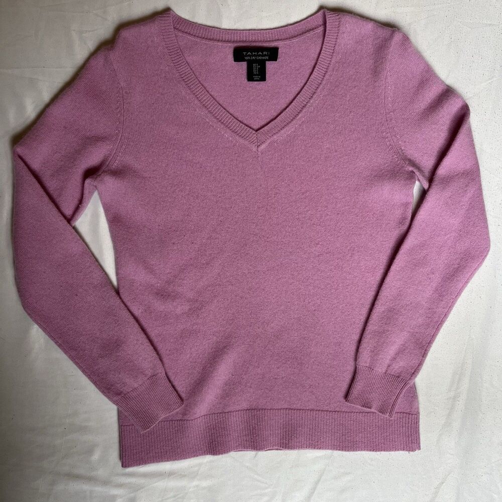 TAHARI 100% 2-PLY Cashmere Long sleeves PINK Sweater Womens S Small V Neck